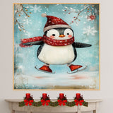 Whimsical Christmas Penguin Ice Skating in Red Scarf and Santa Hat – Cheerful Holiday Animal Art for Winter Nursery Decor, Gifts, or Seasonal Wall Accents on Ready to Hang 1.5" Thick Canvas Wrap, Floating Framed Canvas, Flat Rolled Canvas