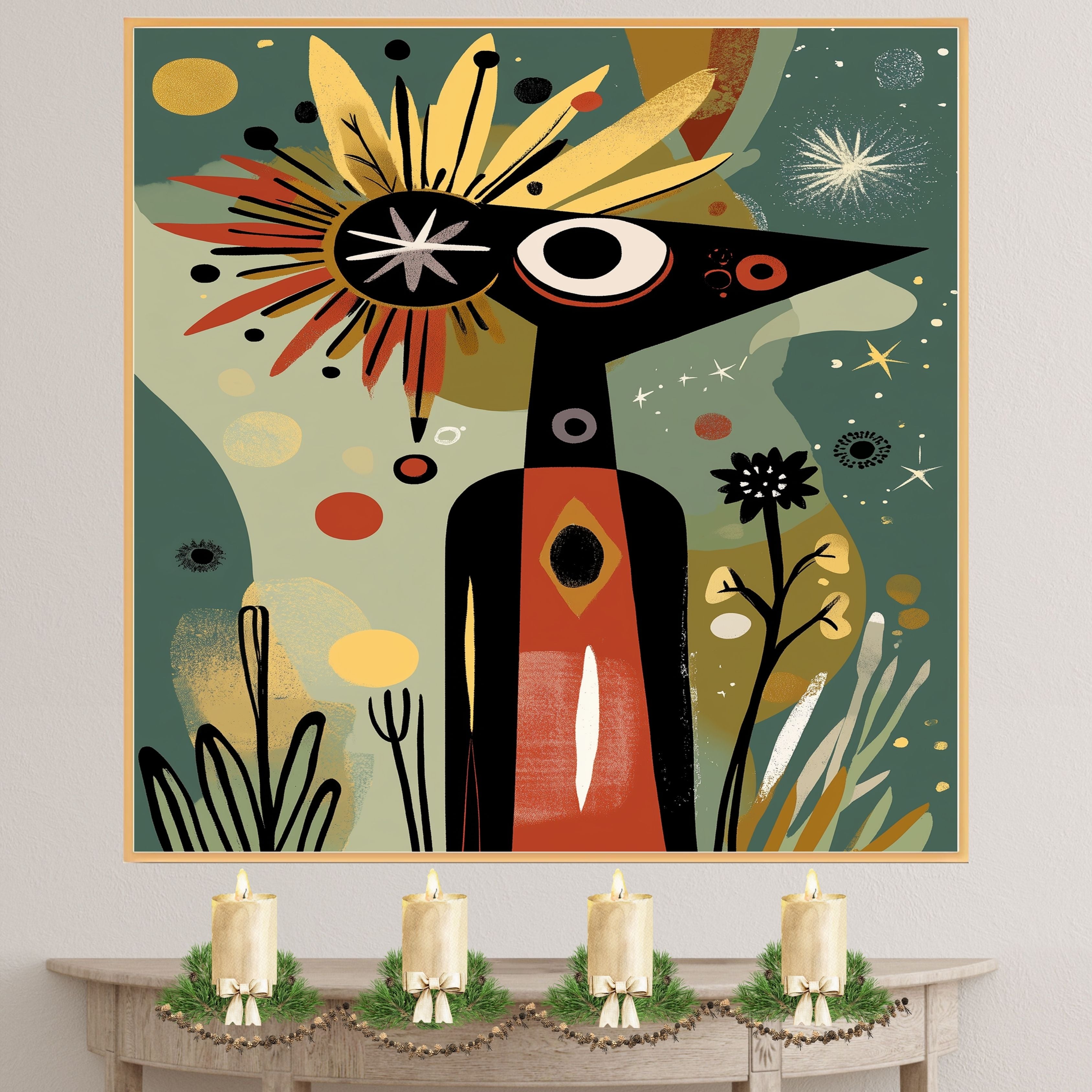 Abstract Tribal-Inspired Figure in Cosmic Botanical Scene with Mid-Century Modern and Folk Art Elements on Ready to Hang 1.5" Thick Canvas Wrap, Floating Framed Canvas, Flat Rolled Canvas