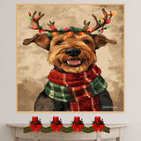 Airedale Festive Lights - 'Holiday Antlers' - Airedale Terrier in Red & Green Scarf with Christmas Light Antlers, Ready to Hang 1.5" Thick Canvas Wrap, Floating Framed Canvas, Flat Rolled Canvas