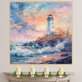Majestic Lighthouse on Rocky Shore at Sunrise with Crashing Waves and Radiant Sky in Serene Watercolor Nautical Scene on Ready to Hang 1.5" Thick Canvas Wrap, Floating Framed Canvas, Flat Rolled Canvas