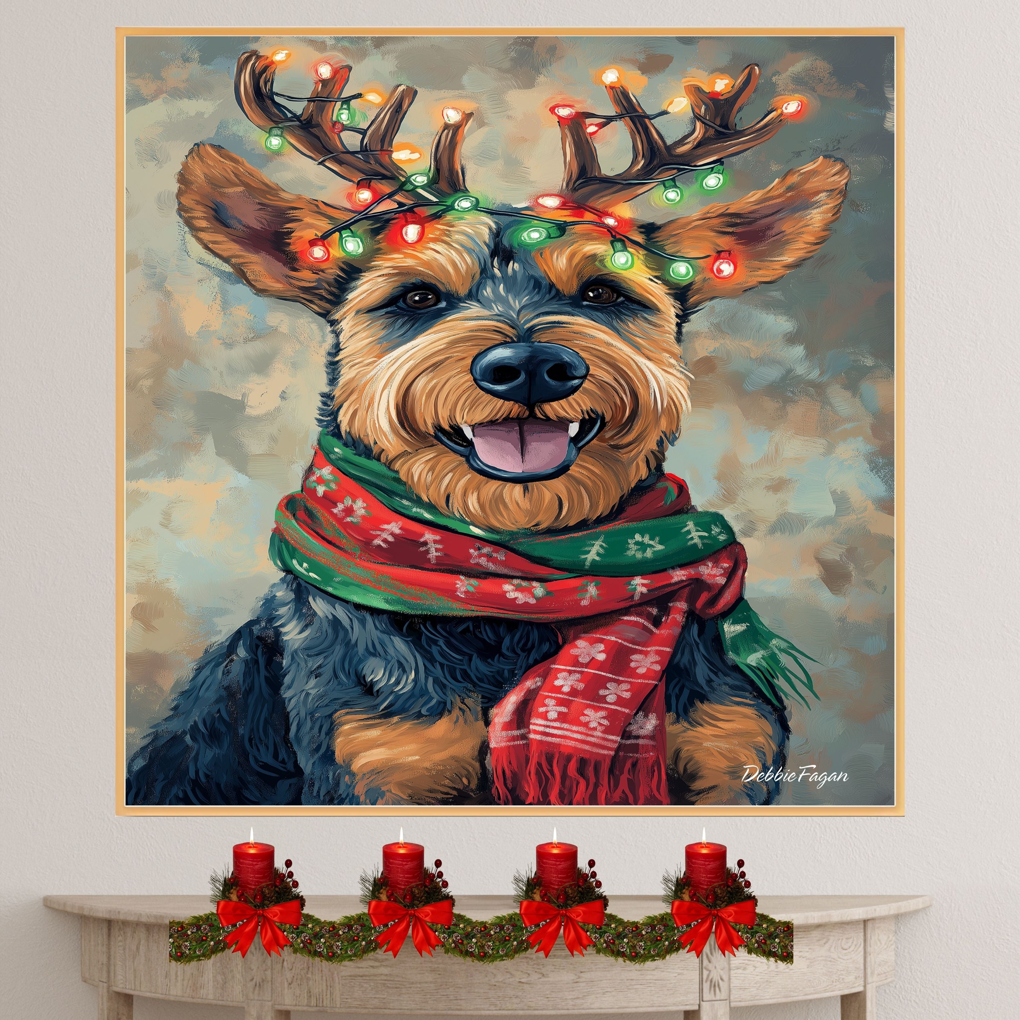 Airedale Joy - 'Antler Glow' - Airedale Terrier with Christmas Lights & Cozy Scarf on Rustic Background, Ready to Hang 1.5" Thick Canvas Wrap, Floating Framed Canvas, Flat Rolled Canvas