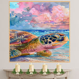 Colorful Sea Turtle on Shoreline at Sunset in Watercolor with Vibrant Ocean Waves and Tropical Sky Illustration on Ready to Hang 1.5" Thick Canvas Wrap, Floating Framed Canvas, Flat Rolled Canvas