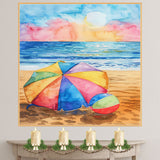 Watercolor Painting of Colorful Beach Umbrella and Ball on Sandy Shore with Ocean Sunset and Vibrant Sky Reflections on Ready to Hang 1.5" Thick Canvas Wrap, Floating Framed Canvas, Flat Rolled Canvas
