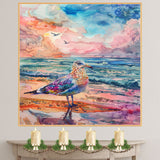 Vibrant Watercolor Seagull by Ocean with Colorful Sky and Waves in a Lively Coastal Beach Scene on Ready to Hang 1.5" Thick Canvas Wrap, Floating Framed Canvas, Flat Rolled Canvas