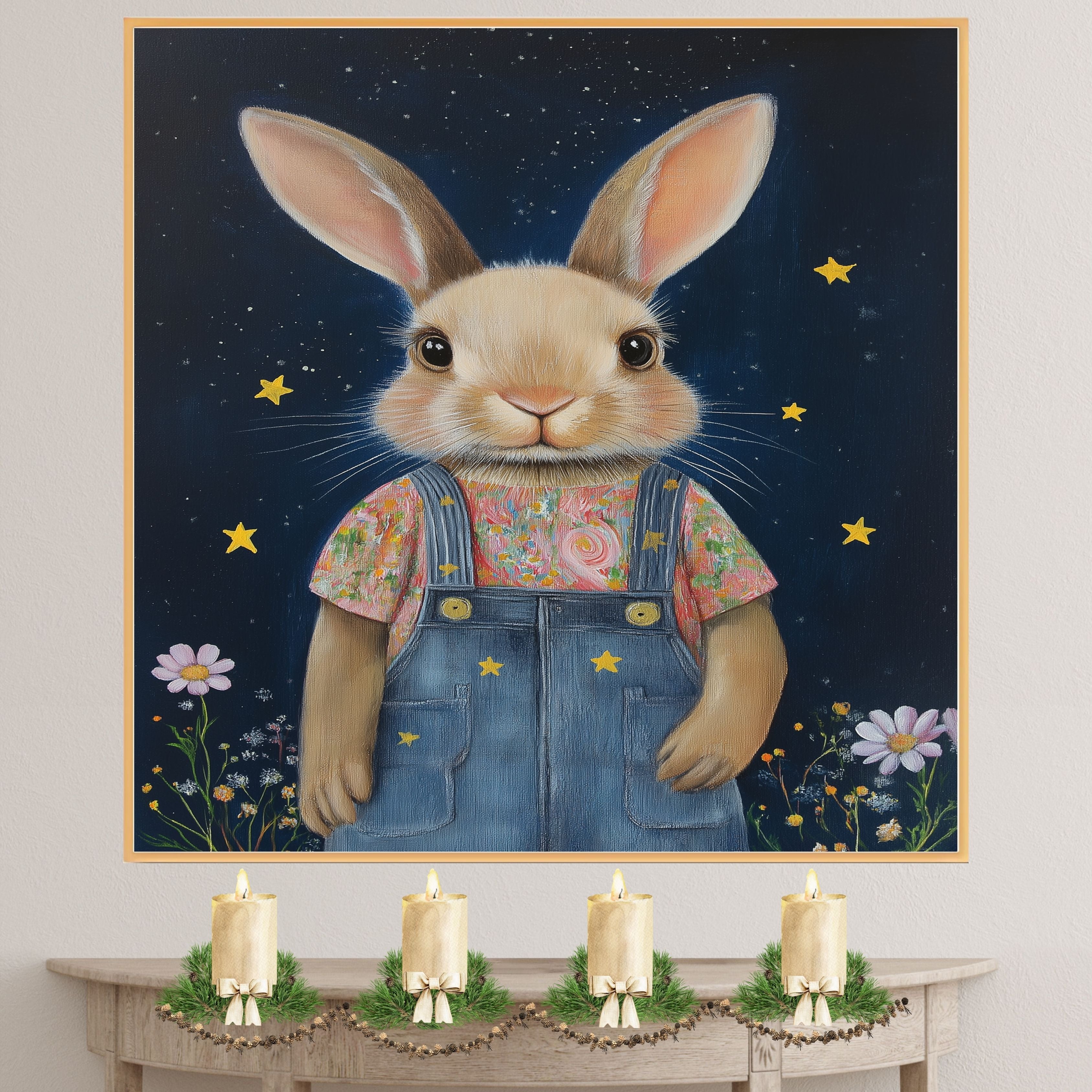 Cute Bunny in Overalls with Floral Shirt Hand Painted Art Whimsical Starry Night Scene Perfect for Home Wall Decor Nursery Kids Room Bedroom or Gift on Ready to Hang 1.5" Thick Canvas Wrap, Floating Framed Canvas, Flat Rolled Canvas