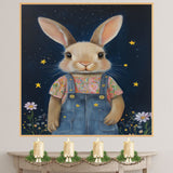 Cute Bunny in Overalls with Floral Shirt Hand Painted Art Whimsical Starry Night Scene Perfect for Home Wall Decor Nursery Kids Room Bedroom or Gift on Ready to Hang 1.5" Thick Canvas Wrap, Floating Framed Canvas, Flat Rolled Canvas