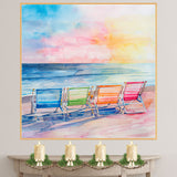 Watercolor Painting of Rainbow Colored Beach Chairs on a Peaceful Shoreline Overlooking a Vibrant Ocean Sunset Sky on Ready to Hang 1.5" Thick Canvas Wrap, Floating Framed Canvas, Flat Rolled Canvas