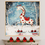 Whimsical Christmas Giraffe Ice Skating in Snowy Forest with Red Polka Dots and Festive Saddle – Unique Holiday Animal Art Perfect for Winter Decor or Gifts on Ready to Hang 1.5" Thick Canvas Wrap, Floating Framed Canvas, Flat Rolled Canvas