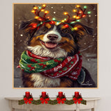 Forest Glow' - Australian Shepherd with Lighted Antlers & Festive Scarf in Snowy Forest Scene, Ready to Hang 1.5" Thick Canvas Wrap, Floating Framed Canvas, Flat Rolled Canvas