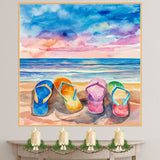 Vibrant Watercolor of Four Colorful Flip-Flops on Sandy Beach with Ocean Waves and Sunset Sky in Summer Coastal Style on Ready to Hang 1.5" Thick Canvas Wrap, Floating Framed Canvas, Flat Rolled Canvas