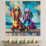 Colorful Dachshund Art Print Featuring Two Quirky Dogs in Glasses Sitting on Fence Bold Hand Painted Pop Style Pet Portrait for Unique Wall Decor or Gift on Ready to Hang 1.5" Thick Canvas Wrap, Floating Framed Canvas, Flat Rolled Canvas