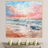 Watercolor Seagull on Shoreline at Sunset with Ocean Waves and Pink Orange Sky in a Peaceful Coastal Scene on Ready to Hang 1.5" Thick Canvas Wrap, Floating Framed Canvas, Flat Rolled Canvas