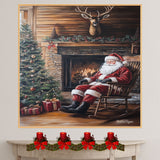 Santa Claus by the Fireplace – Rustic Christmas Cabin Wall Art Print on Ready to Hang 1.5" Thick Canvas Wrap, Floating Framed Canvas, Flat Rolled Canvas