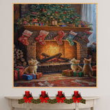 Christmas Kittens by Fireplace with Stockings and Gifts Festive Holiday Scene Cozy Winter Decoration Perfect for Home Living Room Bedroom or Seasonal Gift on Ready to Hang 1.5" Thick Canvas Wrap, Floating Framed Canvas, Flat Rolled Canvas