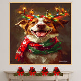 Christmas Glow - 'Rustic Wonder' - Australian Shepherd with Twinkling Antlers & Festive Scarf Rustic, Ready to Hang 1.5" Thick Canvas Wrap, Floating Framed Canvas, Flat Rolled Canvas