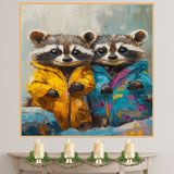 Charming Painting of Two Adorable Raccoons in Colorful Coats with Big Eyes and Sweet Expressions Ideal for Kids Rooms or Animal Lovers and Whimsical Art Fans on Ready to Hang 1.5" Thick Canvas Wrap, Floating Framed Canvas, Flat Rolled Canvas