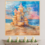 Watercolor Painting of a Whimsical Sandcastle by the Sea with Turrets and Ocean Backdrop in a Dreamy Fantasy Coastal Style on Ready to Hang 1.5" Thick Canvas Wrap, Floating Framed Canvas, Flat Rolled Canvas