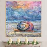 Watercolor Painting of a Multicolored Snail on Beach with Starry Sky and Ocean Horizon in a Vibrant Night Coastal Scene on Ready to Hang 1.5" Thick Canvas Wrap, Floating Framed Canvas, Flat Rolled Canvas