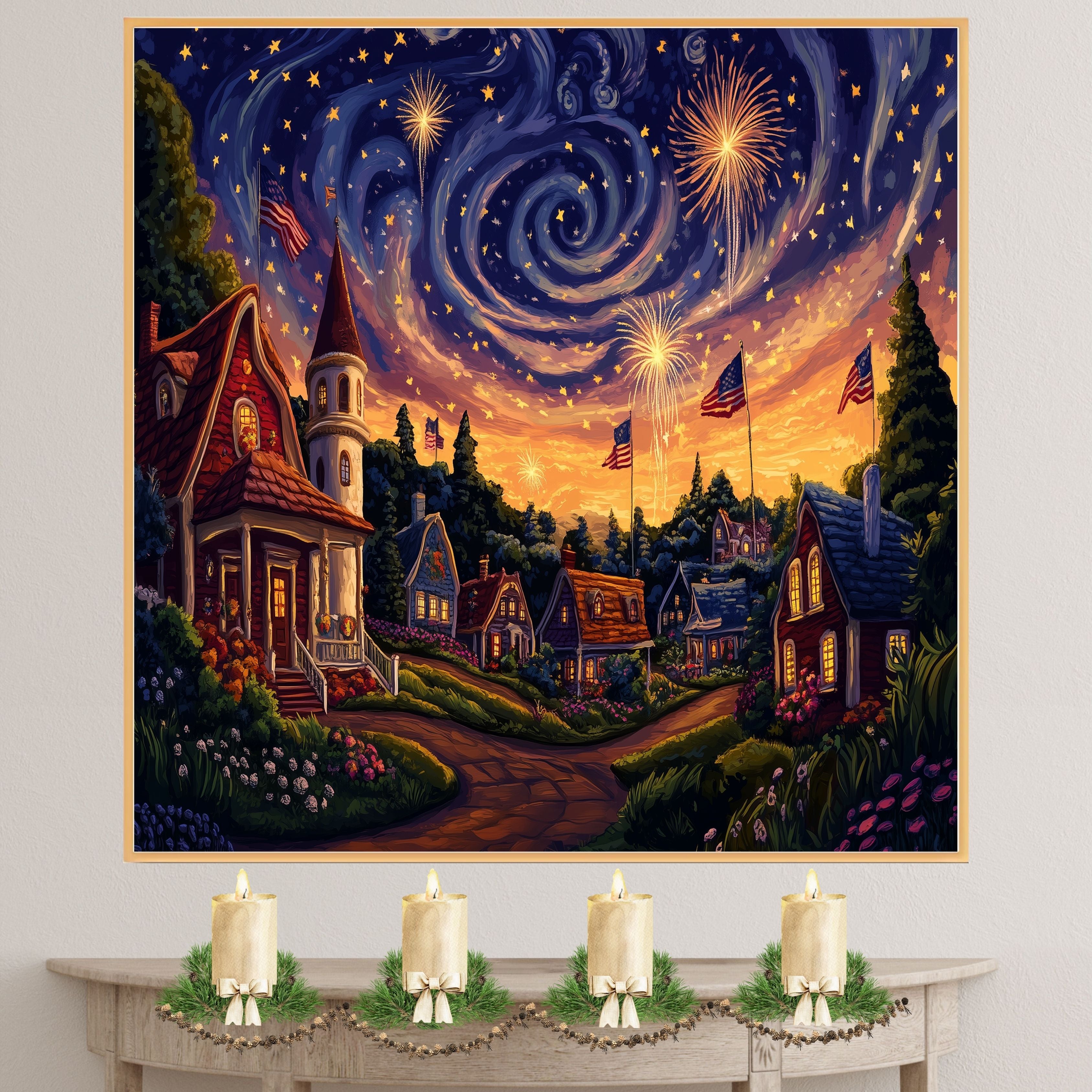 Whimsical 4th of July Village with Fireworks, American Flags, and Glowing Cottages Under a Swirling Starry Sky, Festive Celebration of Patriotism and Magic on Ready to Hang 1.5" Thick Canvas Wrap, Floating Framed Canvas, Flat Rolled Canvas