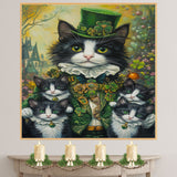 Irish Whiskers: Tuxedo Cat Mom and Four Kittens in a St. Patrick's Day Celebration on Ready to Hang 1.5" Thick Canvas Wrap, Floating Framed Canvas, Flat Rolled Canvas