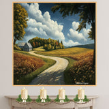 Winding Country Road Through Golden Fields and Barn – Peaceful Landscape Folk Art Painting on Ready to Hang 1.5" Thick Canvas Wrap, Floating Framed Canvas, Flat Rolled Canvas
