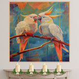 Elegant Cockatoo Pair Artwork Featuring White and Peach Parrots with Flared Crests Sitting Together on a Branch with a Colorful Abstract Background on Ready to Hang 1.5" Thick Canvas Wrap, Floating Framed Canvas, Flat Rolled Canvas