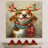 Beagle Christmas Charm - 'Rustic Snuggles' - Beagle Dog with Lighted Antlers & Festive Scarf on Rustic Canvas, Ready to Hang 1.5" Thick Canvas Wrap, Floating Framed Canvas, Flat Rolled Canvas