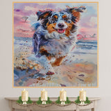Playful Watercolor Painting of Fluffy Dog Running Along the Shore with Splashes and Seagulls in a Sunset Beach Scene on Ready to Hang 1.5" Thick Canvas Wrap, Floating Framed Canvas, Flat Rolled Canvas