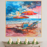 Watercolor Painting of Multicolored Beach Chairs and Umbrellas by the Ocean on Ready to Hang 1.5" Thick Canvas Wrap, Floating Framed Canvas, Flat Rolled Canvas