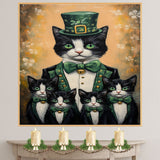 Irish Charm: Tuxedo Cat Mom and Four Kittens in St. Patrick's Day Attire on Ready to Hang 1.5" Thick Canvas Wrap, Floating Framed Canvas, Flat Rolled Canvas