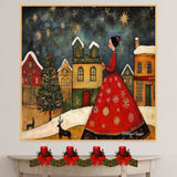 Elegant Christmas Folk Art with Lady in Red Gown, Snowy Village, Reindeer, Starry Sky, and Decorated Tree at Night on Ready to Hang 1.5" Thick Canvas Wrap, Floating Framed Canvas, Flat Rolled Canvas