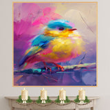 Charming Baby Bird with Blue Feathers and Pink Yellow Plumage Sitting on Branch Painted in Dreamy Pastel Strokes for Serene Colorful Interiors on Ready to Hang 1.5" Thick Canvas Wrap, Floating Framed Canvas, Flat Rolled Canvas