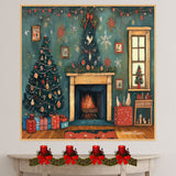 Warm Winter Wishes – Festive Living Room with Fireplace & Tree on Ready to Hang 1.5" Thick Canvas Wrap, Floating Framed Canvas, Flat Rolled Canvas
