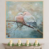 Softly Colored Lovebirds Resting on a Branch with Muted Earth Tone Background on Ready to Hang 1.5" Thick Canvas Wrap, Floating Framed Canvas, Flat Rolled Canvas