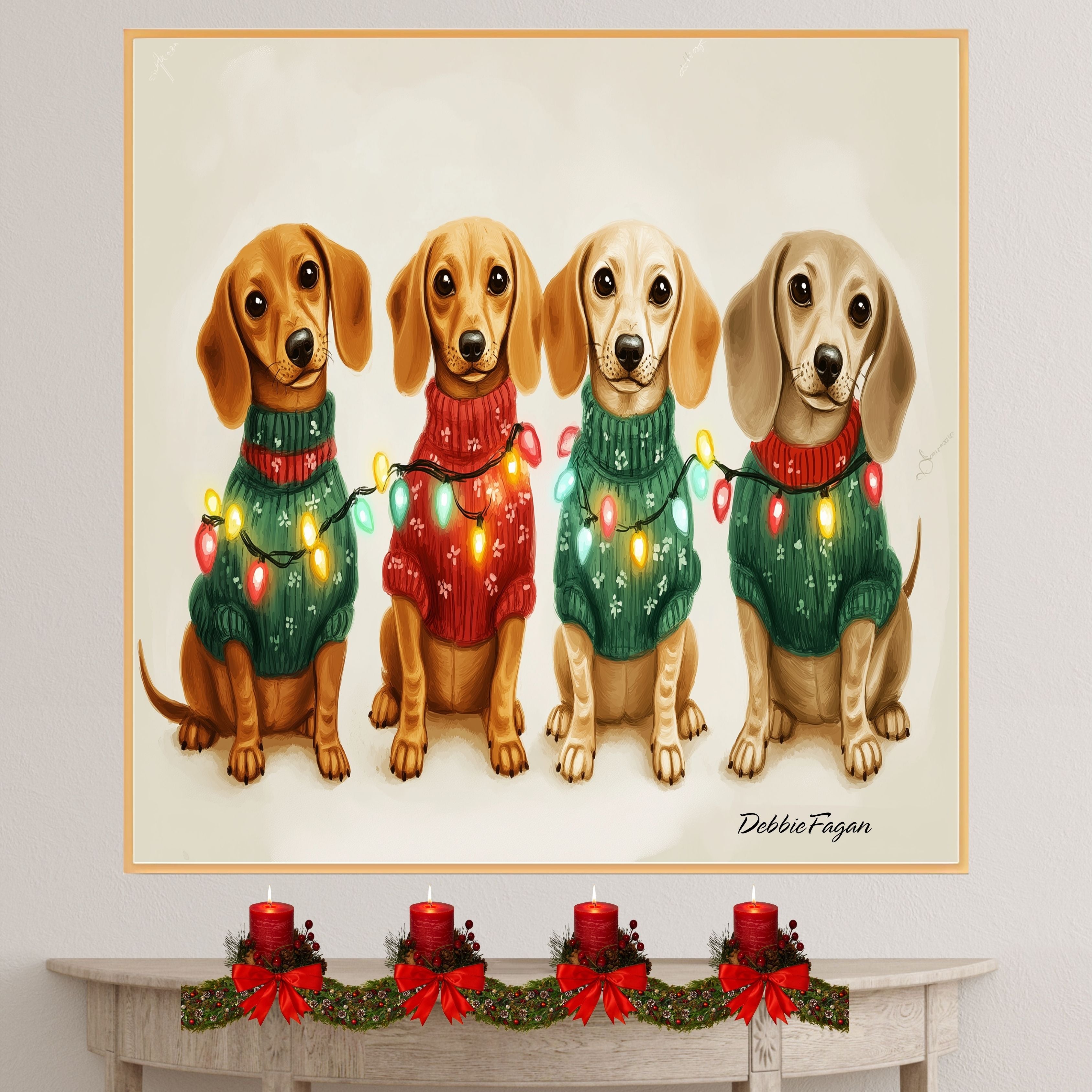 Christmas Canvas  - Dachshund Snuggles - Adorable Dogs in Cozy Sweaters Wrapped in Colorful Christmas Lights on Ready to Hang 1.5" Thick Canvas Wrap, Floating Framed Canvas, Flat Rolled Canvas