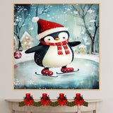 Whimsical Christmas Penguin Ice Skating with Santa Hat and Red Scarf – Holiday Winter Animal Art for Nursery, Kids’ Room, Gifts, or Seasonal Wall Display on Ready to Hang 1.5" Thick Canvas Wrap, Floating Framed Canvas, Flat Rolled Canvas