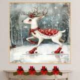 Whimsical Christmas Deer Ice Skating in Red Snowflake Blanket with Holly Antlers Woodland Winter Illustration Holiday Nursery Wall Art or Canvas Print on Ready to Hang 1.5" Thick Canvas Wrap, Floating Framed Canvas, Flat Rolled Canvas
