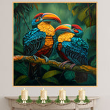 Colorful Toucan Pair Artwork Featuring Bright Beaks and Blue Plumage Perched in Lush Tropical Jungle with Rich Green Foliage and Bold Exotic Bird Details on Ready to Hang 1.5" Thick Canvas Wrap, Floating Framed Canvas, Flat Rolled Canvas