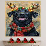 Forest Glow - Black Labrador Dog with Lighted Antlers & Holiday Scarf in Snowy Forest, Ready to Hang 1.5" Thick Canvas Wrap, Floating Framed Canvas, Flat Rolled Canvas