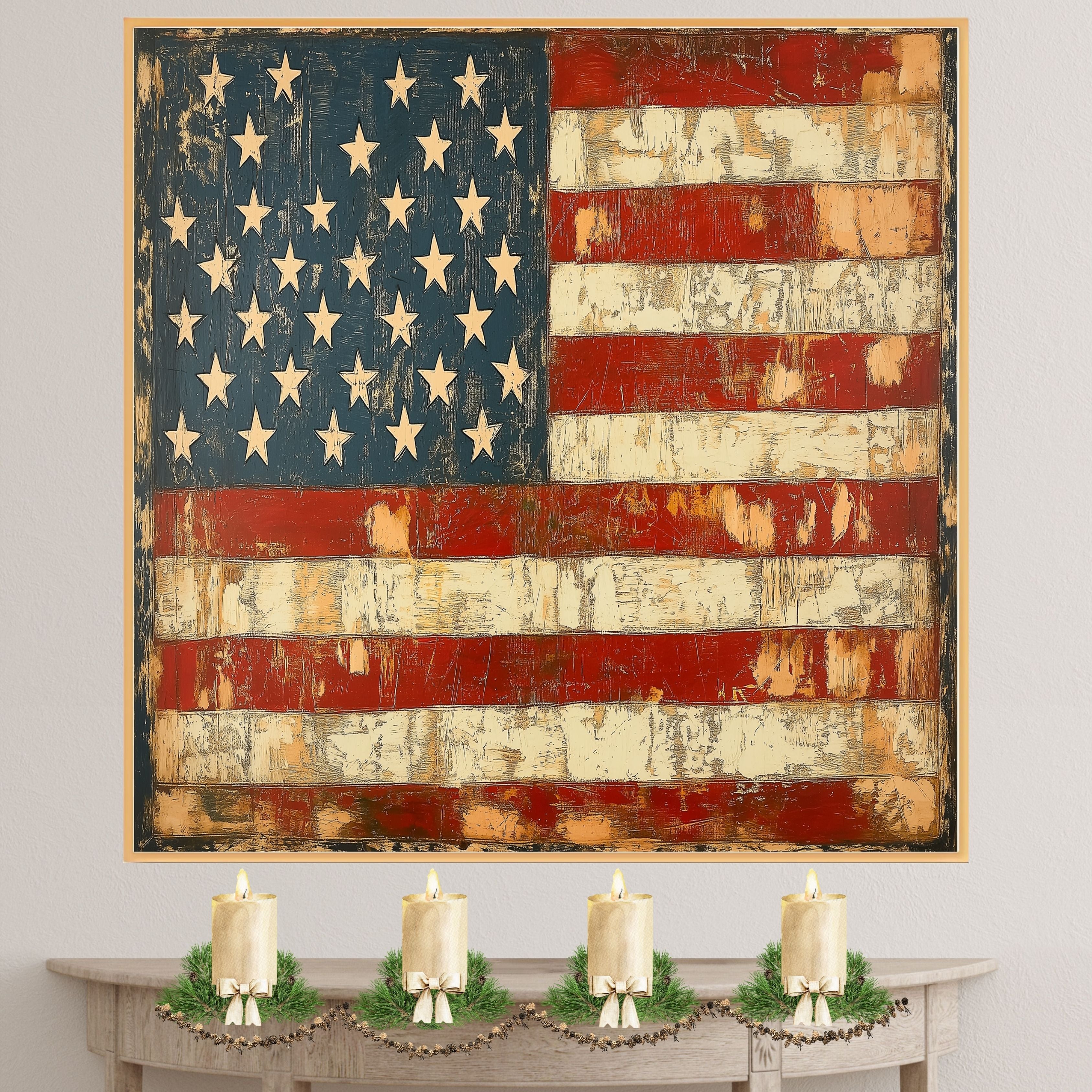 Rustic American Flag in Vintage Folk Art Style with Distressed Texture, Aged Red White and Blue Stripes, and Weathered Stars for Timeless Patriotic Charm on Ready to Hang 1.5" Thick Canvas Wrap, Floating Framed Canvas, Flat Rolled Canvas