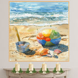 Watercolor Painting of Colorful Beach Ball with Seashells and Ocean Waves on Sandy Seashore Summer Coastal Scene on Ready to Hang 1.5" Thick Canvas Wrap, Floating Framed Canvas, Flat Rolled Canvas