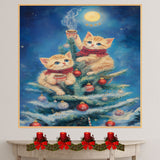 Christmas Kittens Canvas Wall Art – Cute Orange Cats in Tree with Cocoa & Ornaments – Holiday Winter Décor Print for Cat Lovers & Cozy Spaces on Ready to Hang 1.5" Thick Canvas Wrap, Floating Framed Canvas, Flat Rolled Canvas