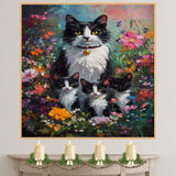 Springtime Blossoms: Tuxedo Cat Mom and Three Kittens in a Floral Wonderland on Ready to Hang 1.5" Thick Canvas Wrap, Floating Framed Canvas, Flat Rolled Canvas