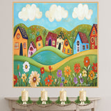 Whimsical Folk Art Canvas – Bright Colorful Houses and Wildflowers on Rolling Hills with Blue Skies on Ready to Hang 1.5" Thick Canvas Wrap, Floating Framed Canvas, Flat Rolled Canvas