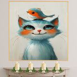 Charming Blue and White Cat with Red-Breasted Bird on Head Illustration for Kids Room or Nursery Cute Whimsical Animal Art with Bright and Playful Expression on Ready to Hang 1.5" Thick Canvas Wrap, Floating Framed Canvas, Flat Rolled Canvas