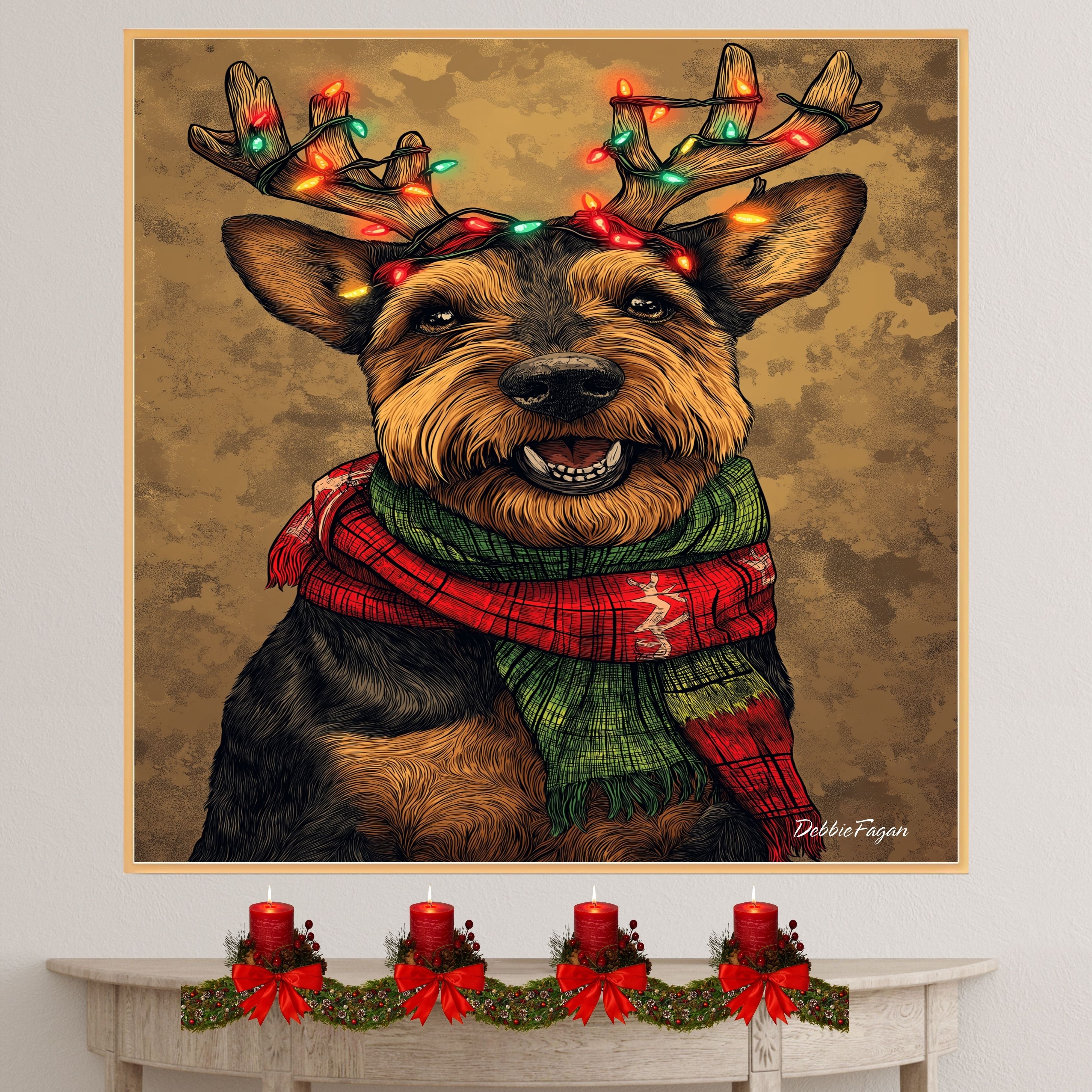 Airedale Holiday Cheer - 'Festive Fuzz' - Airedale Dog with Lit Antler Headband & Cozy Scarf on Rustic Background, Ready to Hang 1.5" Thick Canvas Wrap, Floating Framed Canvas, Flat Rolled Canvas