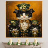 St. Patrick's Day Charm: Tuxedo Mom and Kittens in Irish Luck Costumes on Ready to Hang 1.5" Thick Canvas Wrap, Floating Framed Canvas, Flat Rolled Canvas