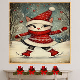 Christmas Wall Art Featuring Cute Cat Ice Skating in Red Sweater and Santa Hat Whimsical Holiday Print for Cat Lovers and Cozy Seasonal Winter Home Décor on Ready to Hang 1.5" Thick Canvas Wrap, Floating Framed Canvas, Flat Rolled Canvas
