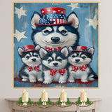 Land of the Free: Siberian Husky Mom with Three Puppies in a Patriotic Tribute Inspiring American-Themed Painting on Ready to Hang 1.5" Thick Canvas Wrap, Floating Framed Canvas, Flat Rolled Canvas