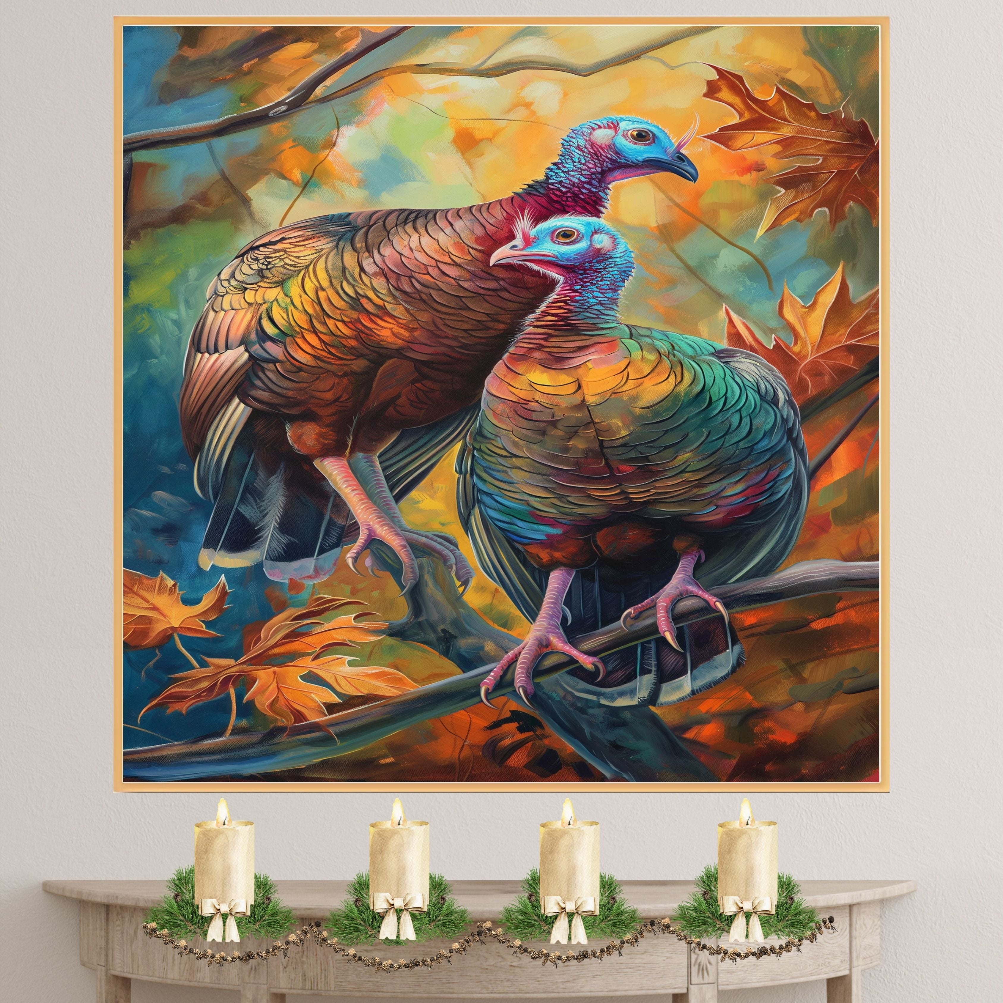 Colorful Wild Turkey Pair Perched on Branch Among Autumn Leaves with Vivid Feathers and Blue Faces in a Stunning Wildlife Nature Art Scene on Ready to Hang 1.5" Thick Canvas Wrap, Floating Framed Canvas, Flat Rolled Canvas